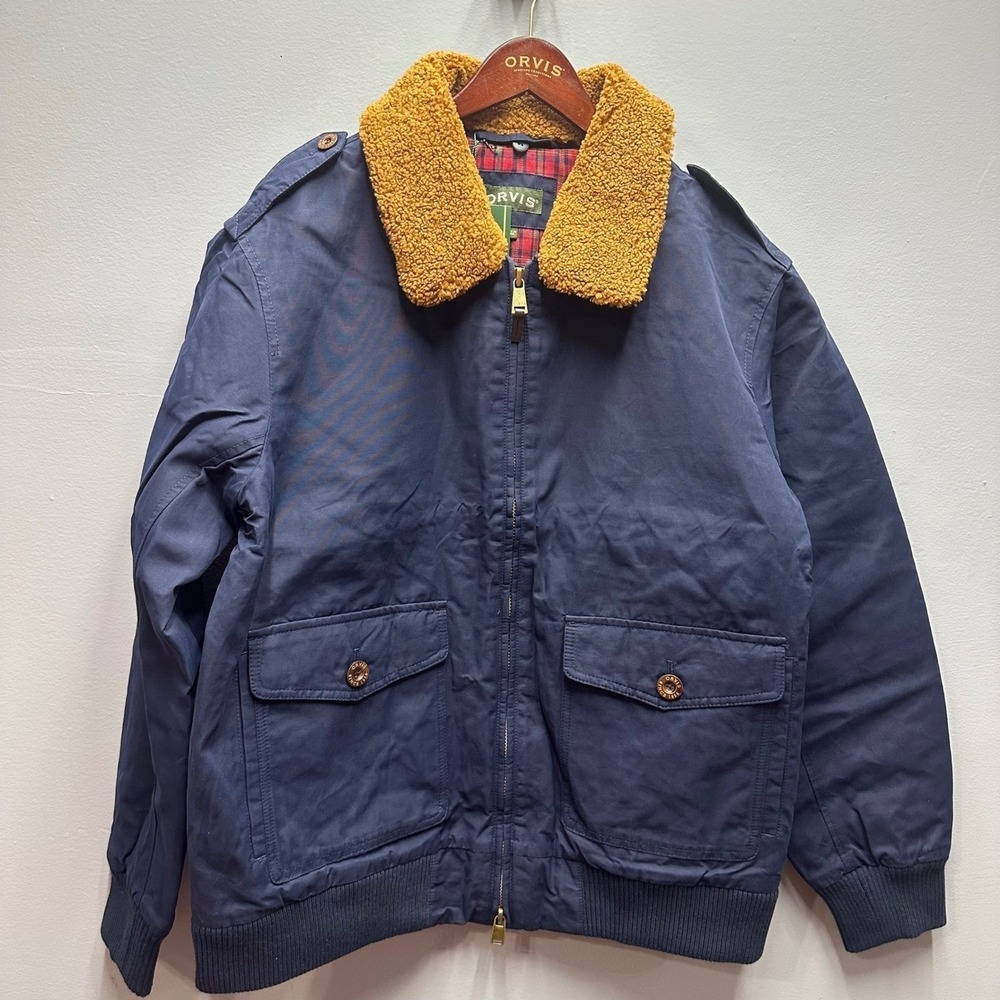Orvis Men's Insulated Bomber Jacket Sherpa Collar Plaid Lined Zip Front